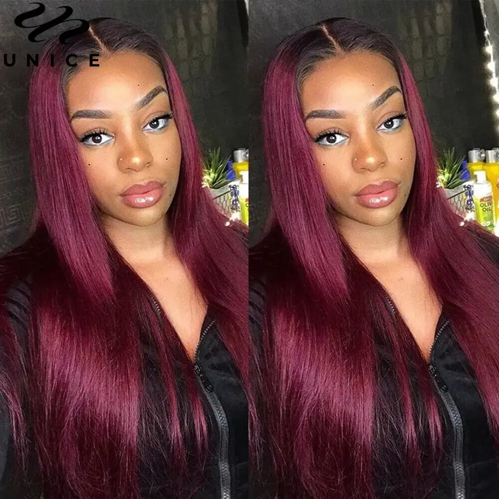 UNice 1B99J Ombre Burgundy Straight Bundles 1/3/4 PCS Deal Pre Colored 100% Human Hair Bundles 100Grams Bundle Hair Extensions