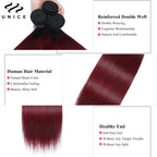 UNice 1B99J Ombre Burgundy Straight Bundles 1/3/4 PCS Deal Pre Colored 100% Human Hair Bundles 100Grams Bundle Hair Extensions