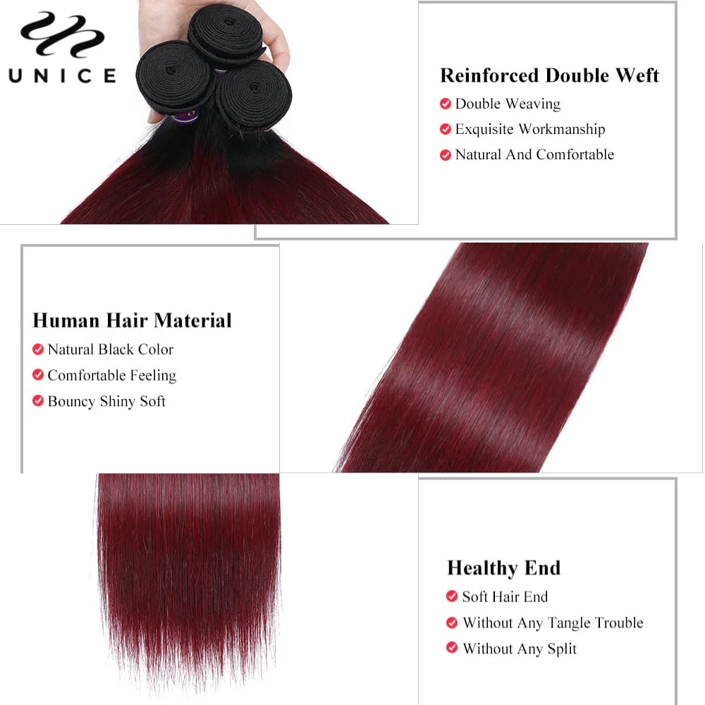 UNice 1B99J Ombre Burgundy Straight Bundles 1/3/4 PCS Deal Pre Colored 100% Human Hair Bundles 100Grams Bundle Hair Extensions