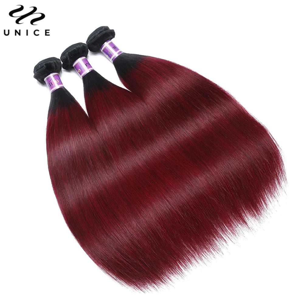 UNice 1B99J Ombre Burgundy Straight Bundles 1/3/4 PCS Deal Pre Colored 100% Human Hair Bundles 100Grams Bundle Hair Extensions