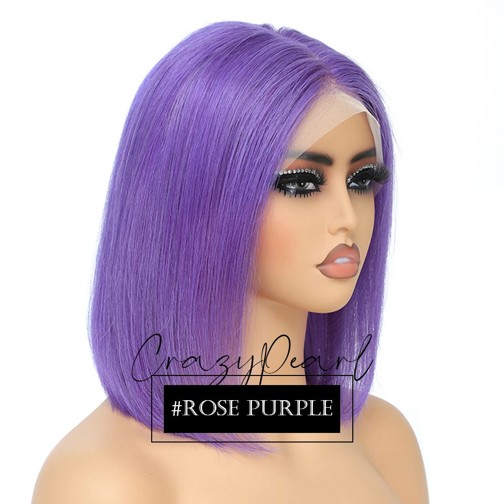 CrazyPearl Rose Pink Short Colored Bob Human Hair Wigs 13X4 Straight Bob Wig Human Hair Lace Front Wigs 10Inch-14Inch