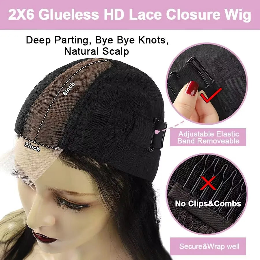 2x6 HD Lace Closure Wigs Deep Part Human Hair Wigs Pre-Plucked Straight Invisible HD Lace Glueless 250% Brazilian Hair For Woman