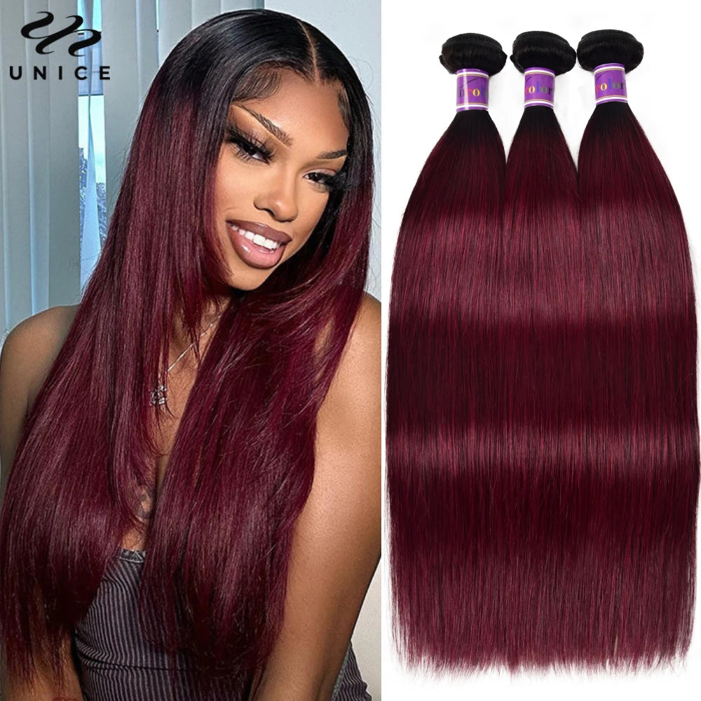 UNice 1B99J Ombre Burgundy Straight Bundles 1/3/4 PCS Deal Pre Colored 100% Human Hair Bundles 100Grams Bundle Hair Extensions