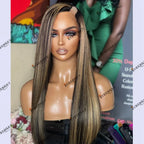 Remy Indian Human Hair Honey Blonde Balayage Highlight Silky Straight 1x4 U Part Wig for Women Middle/Left/Right Open Options