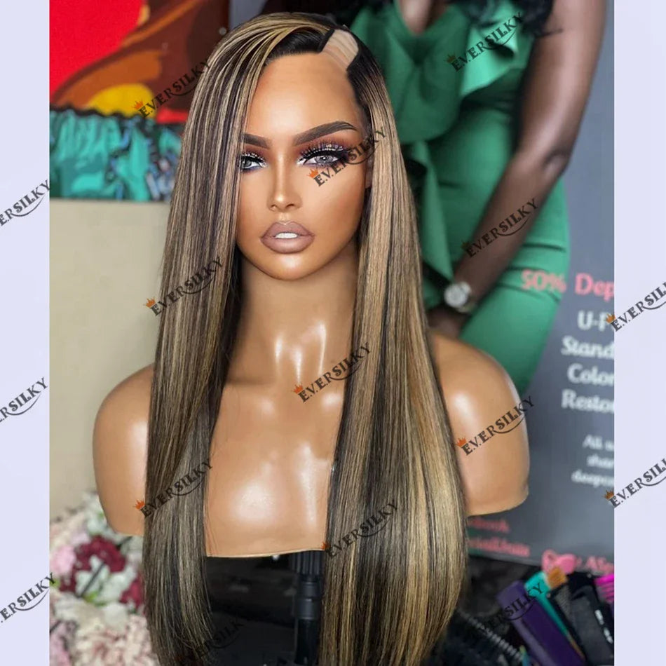 Remy Indian Human Hair Honey Blonde Balayage Highlight Silky Straight 1x4 U Part Wig for Women Middle/Left/Right Open Options