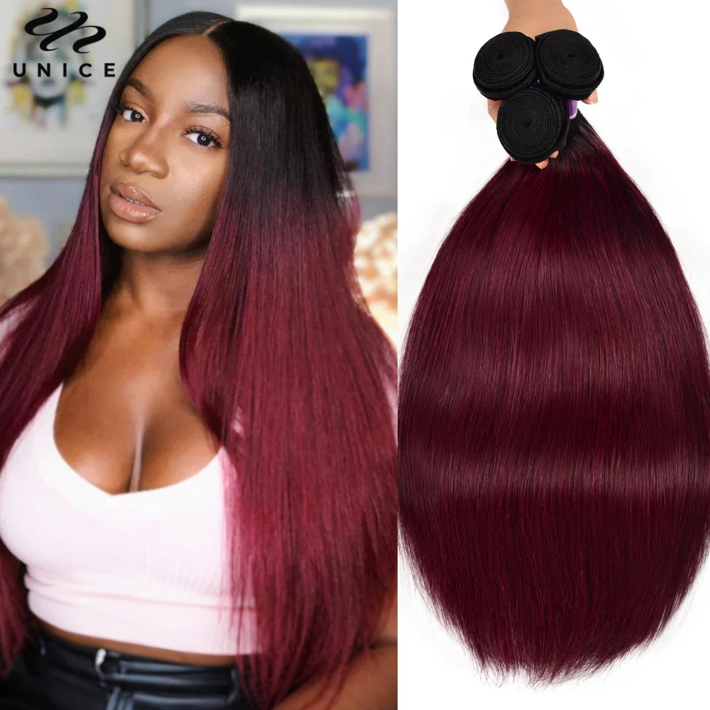 UNice 1B99J Ombre Burgundy Straight Bundles 1/3/4 PCS Deal Pre Colored 100% Human Hair Bundles 100Grams Bundle Hair Extensions