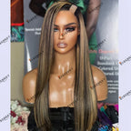 Remy Indian Human Hair Honey Blonde Balayage Highlight Silky Straight 1x4 U Part Wig for Women Middle/Left/Right Open Options