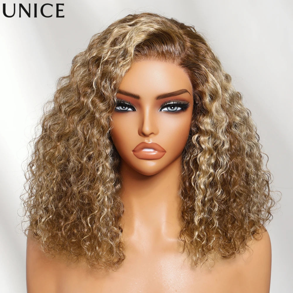 UNice 7x5 Bye-Bye Slip™ Lace Side Part Honey Blonde Highlight Curly Bob Wig 180% Density Ready To Wear Glueless Human Hair Wigs