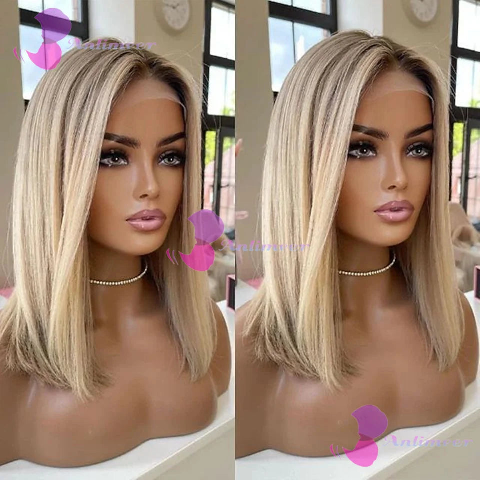 Highlight Balayaga Human Hair Short Bob Wigs Brown Blonde Glueless 13x4 Lace Front Wigs Natural Hairline #613 Made Full Lace Wig