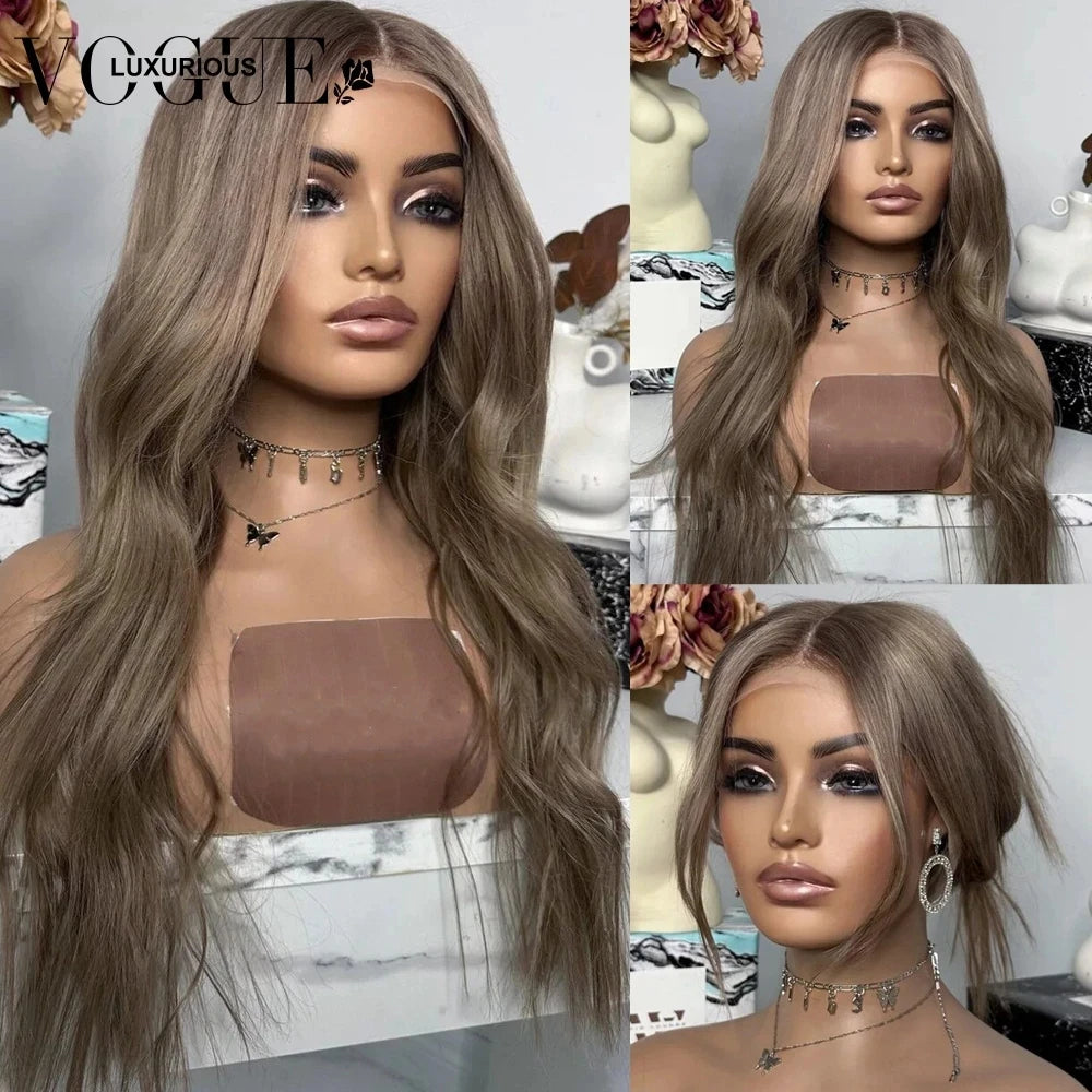 Dark Ash Brown Colored 13x6 Loose Body Wave Closure Wigs Brazilian Virgin Human Hair Transparent Lace Front Women Wig