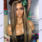 Remy Indian Human Hair Honey Blonde Balayage Highlight Silky Straight 1x4 U Part Wig for Women Middle/Left/Right Open Options