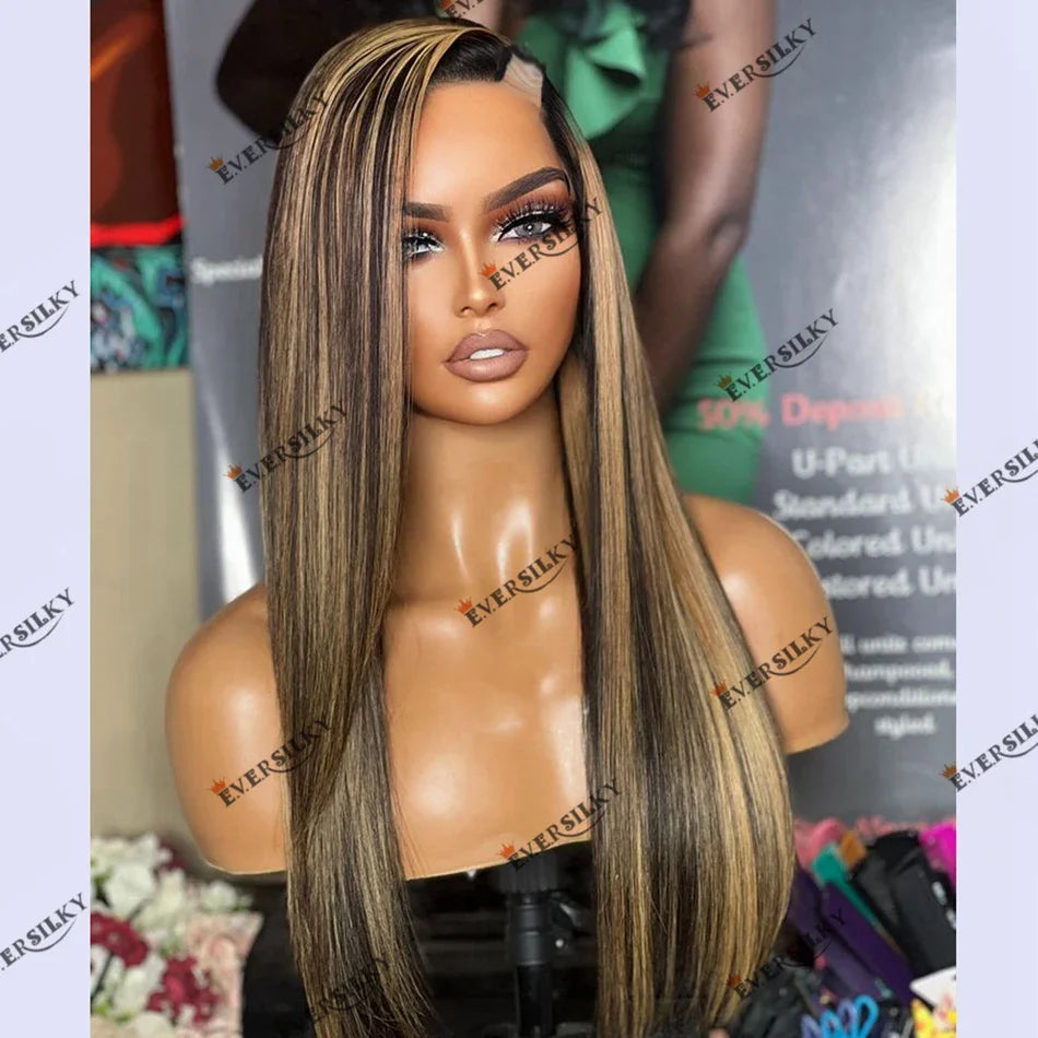 Remy Indian Human Hair Honey Blonde Balayage Highlight Silky Straight 1x4 U Part Wig for Women Middle/Left/Right Open Options