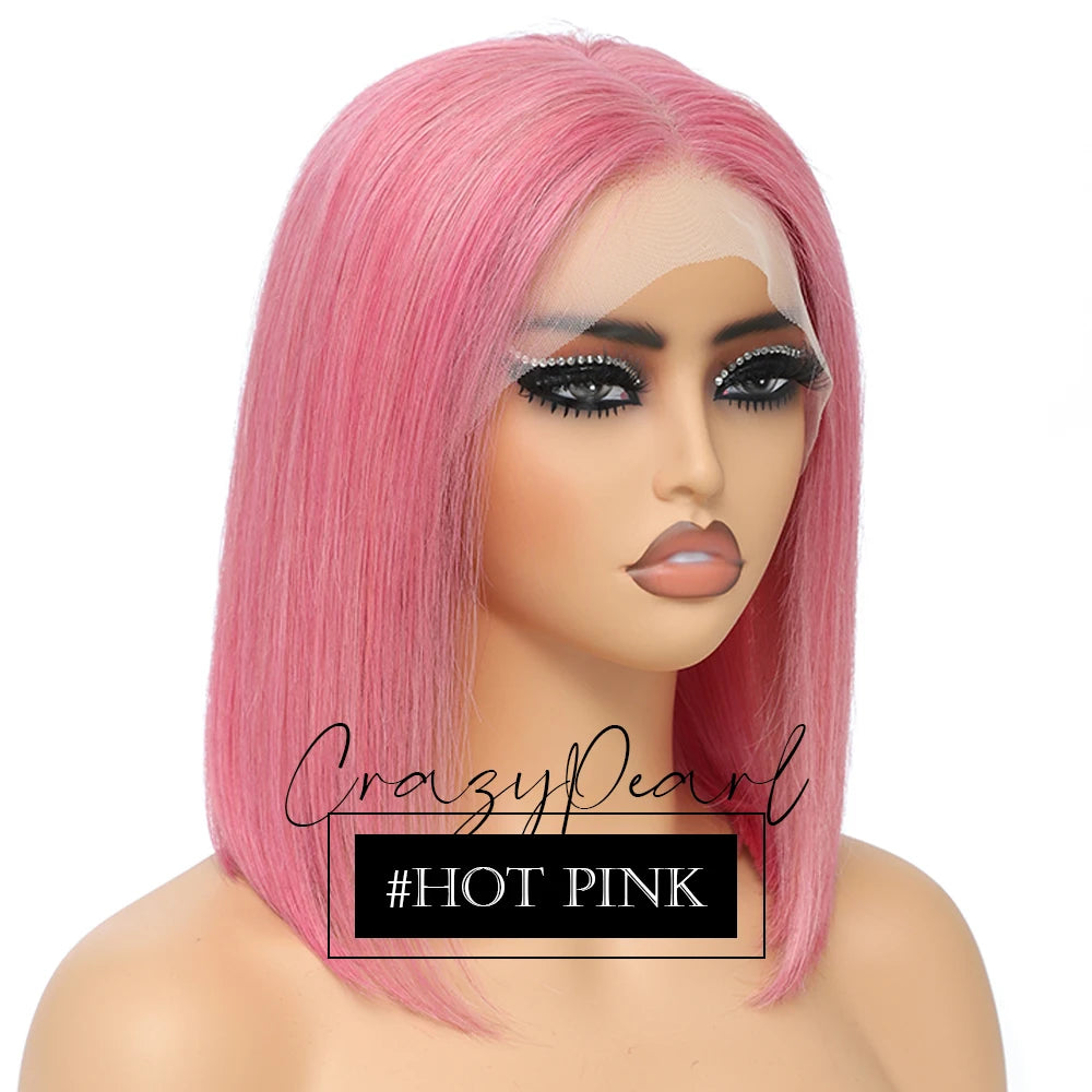 CrazyPearl Rose Pink Short Colored Bob Human Hair Wigs 13X4 Straight Bob Wig Human Hair Lace Front Wigs 10Inch-14Inch