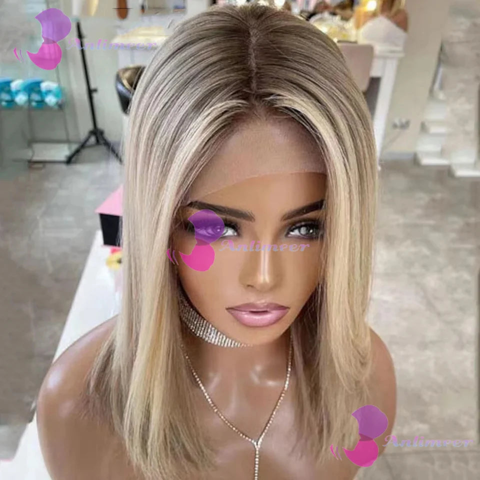 Highlight Balayaga Human Hair Short Bob Wigs Brown Blonde Glueless 13x4 Lace Front Wigs Natural Hairline #613 Made Full Lace Wig