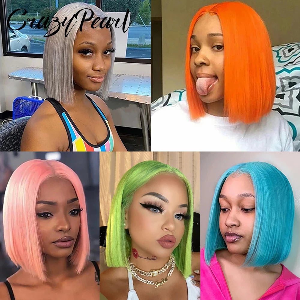 CrazyPearl Rose Pink Short Colored Bob Human Hair Wigs 13X4 Straight Bob Wig Human Hair Lace Front Wigs 10Inch-14Inch