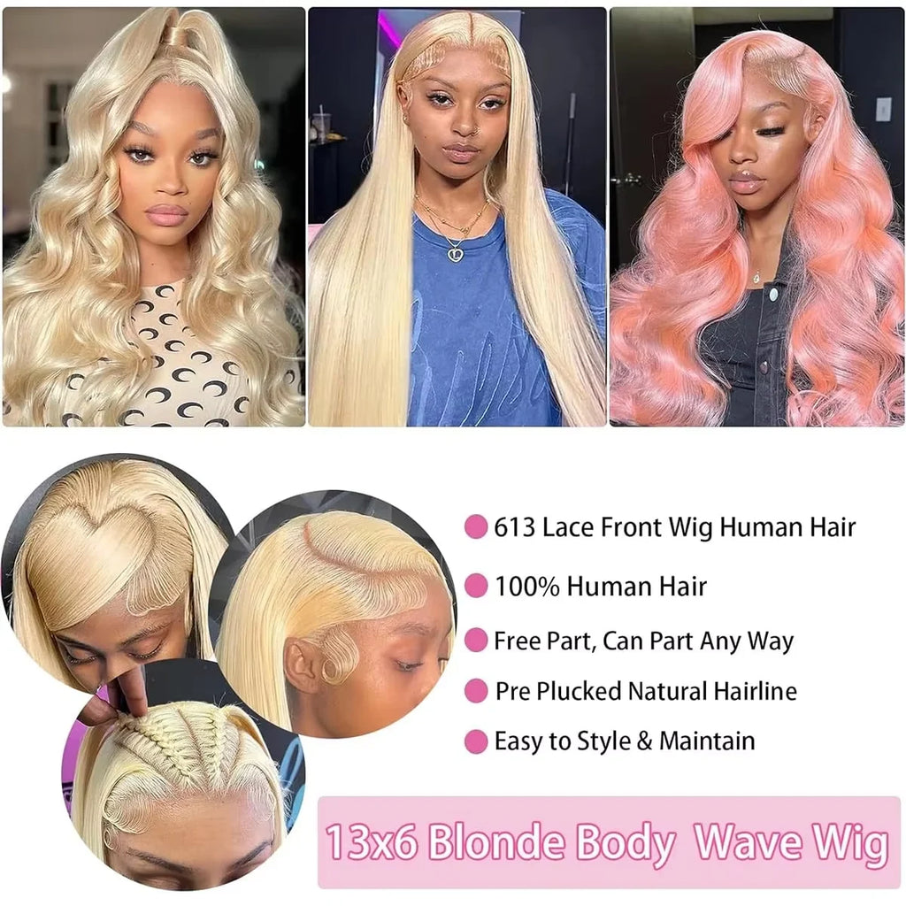 613 Blonde Body Wave 100% Human Hair Wig 13x6 Hd Lace Frontal Wig 30 40 Inch Brazilian Wet And Wavy 100% Human Hair 250 Density Lace Front Pre Plucked Wigs For Women