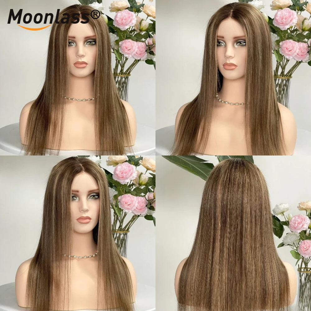 Moonlass Highlights Honey Brown 100% Human Hair (For White）Wig 190% Density 5x7 Glueless Preplucked Hairline Natural Remy Wigs