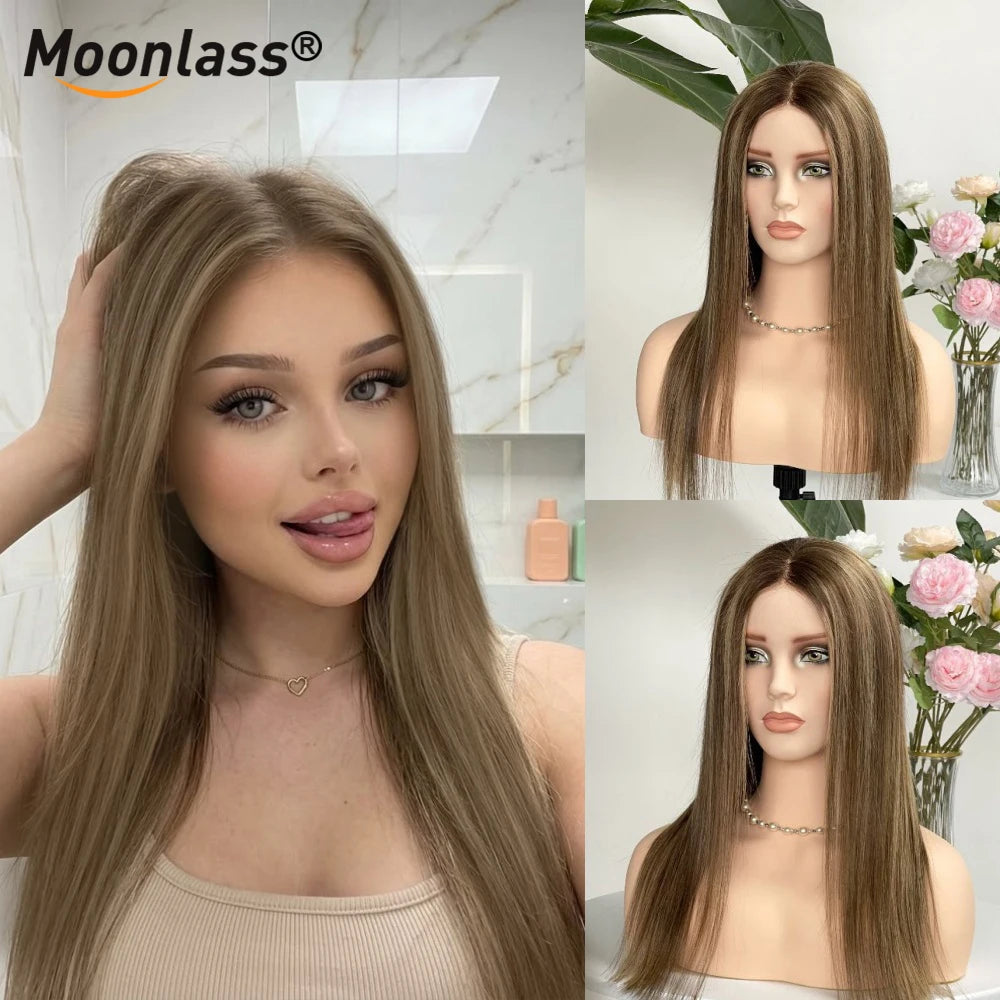 Moonlass Highlights Honey Brown 100% Human Hair (For White）Wig 190% Density 5x7 Glueless Preplucked Hairline Natural Remy Wigs