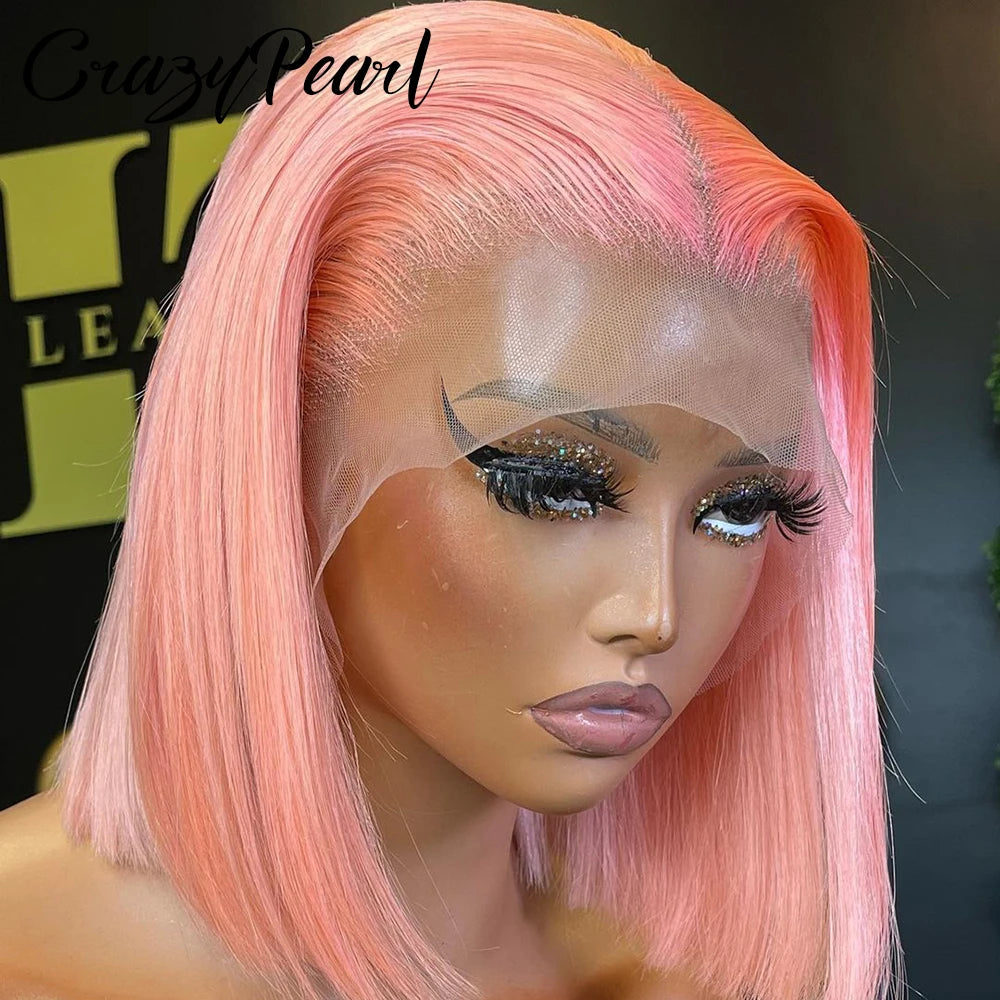 CrazyPearl Rose Pink Short Colored Bob Human Hair Wigs 13X4 Straight Bob Wig Human Hair Lace Front Wigs 10Inch-14Inch