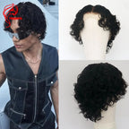 Hesperis Short Curly Wigs Natural Color Lace Front Human Hair Wig Pixie Cut Men's Wig With Bangs Curly Mullet Wig Middle Part