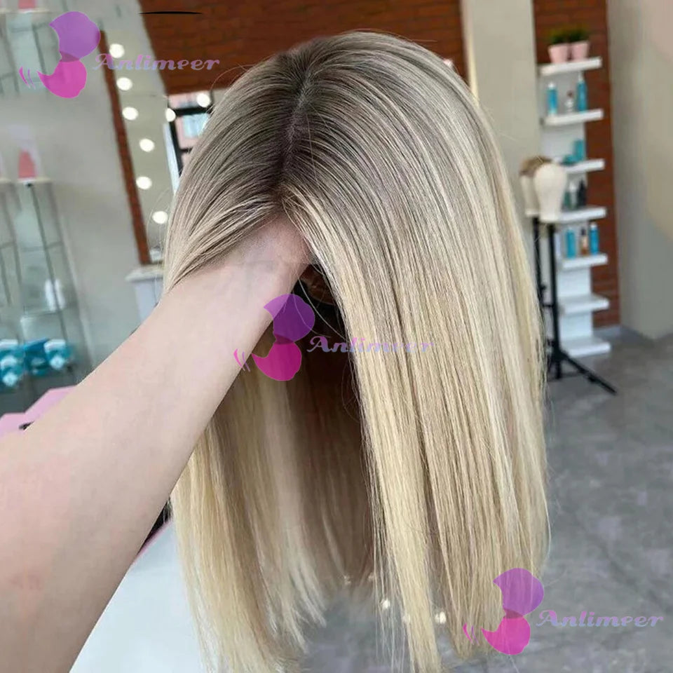 Highlight Balayaga Human Hair Short Bob Wigs Brown Blonde Glueless 13x4 Lace Front Wigs Natural Hairline #613 Made Full Lace Wig