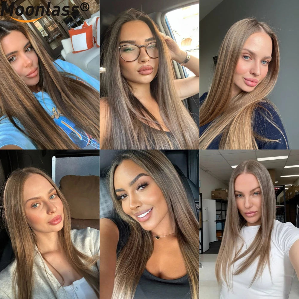 Moonlass Highlights Honey Brown 100% Human Hair (For White）Wig 190% Density 5x7 Glueless Preplucked Hairline Natural Remy Wigs