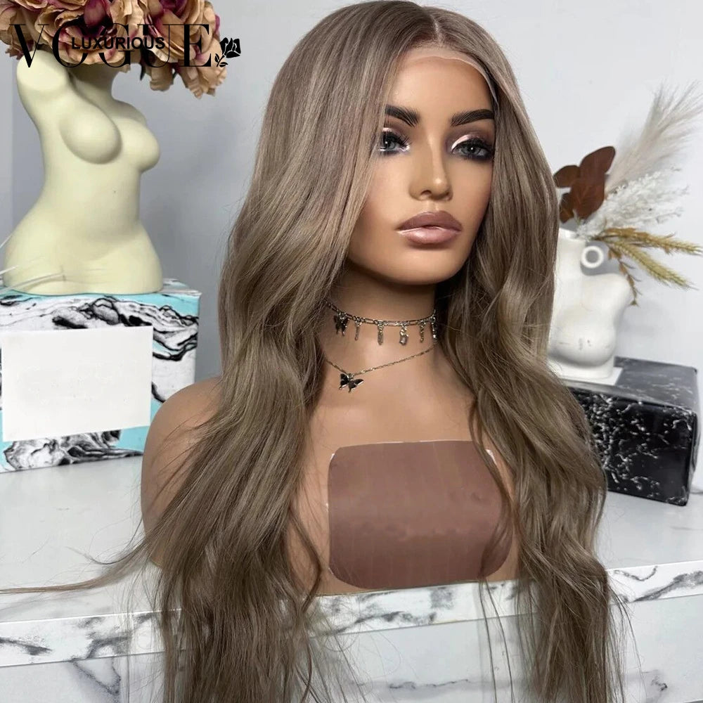 Dark Ash Brown Colored 13x6 Loose Body Wave Closure Wigs Brazilian Virgin Human Hair Transparent Lace Front Women Wig