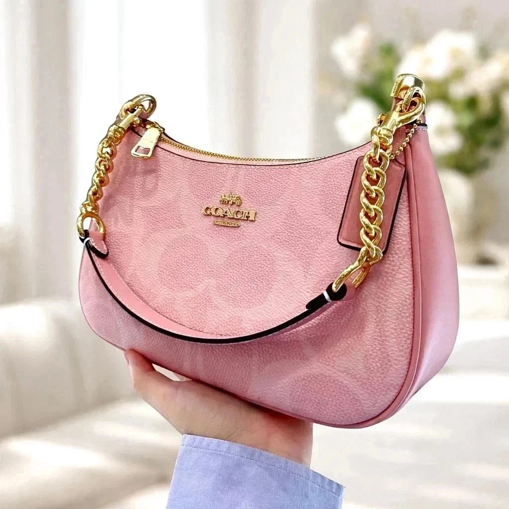 Teri Shoulder Bag In signature canvas/Gold/Powder Pink New CAL51